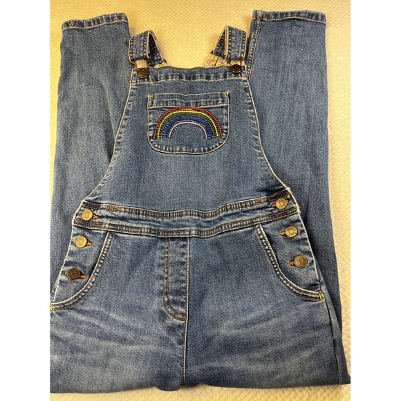 Boden Girls Denim‎ Overalls Rainbow Pocket Floral Lined Size 11-12Y - Picture 1 of 11